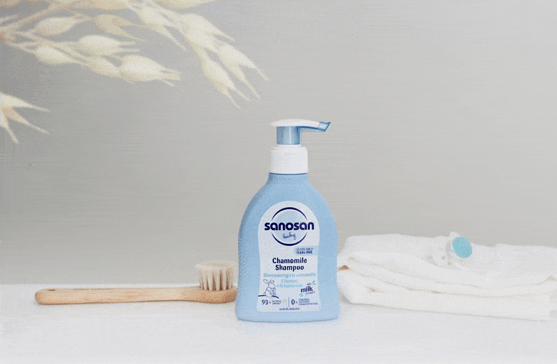 Product photography for Mann & Schröder Cosmetics showing Sonosan baby shampoo in a clean, minimal studio setting GIF